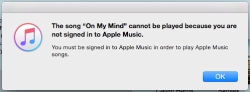 Messaggio di errore iTunes "Non registrato su Apple Music".